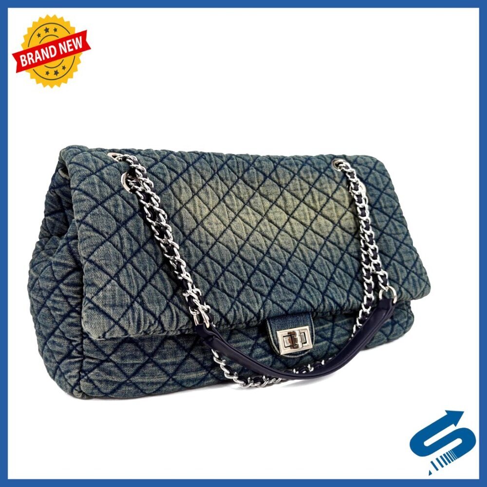 Extra Large Quilted Denim Shoulder Bag, Crossbody Hobo Tote with Chain Strap